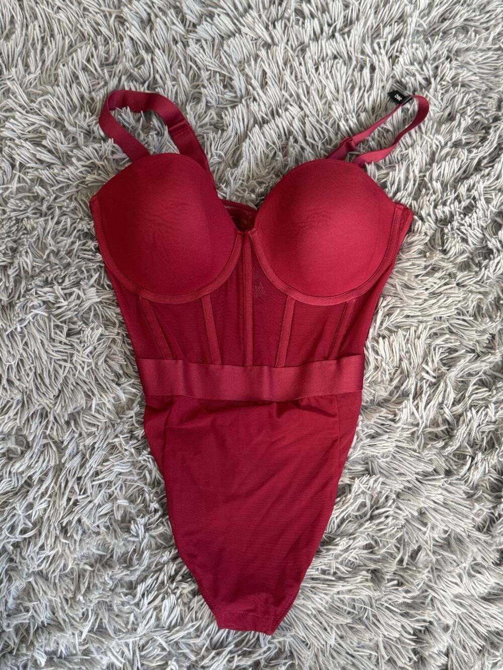DKNY Women's Sheers Strapless Mesh-Panel Thong Bodysuit Maroon 36C NWOT